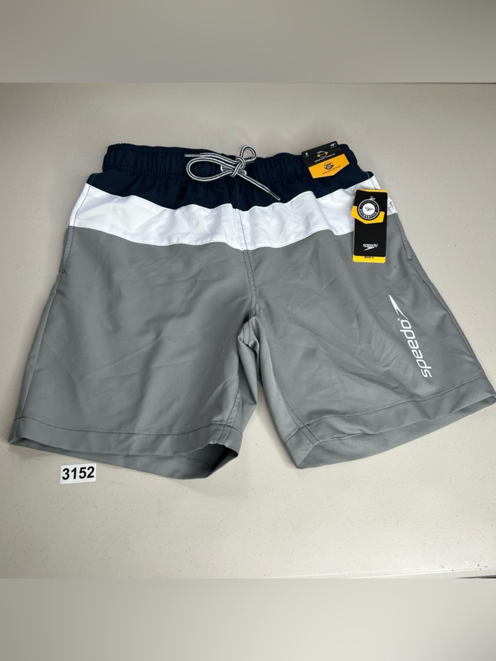 Speedo Men's Elastic Board Swim Trunks Shorts Bottoms Gray/White/Navy Blue S